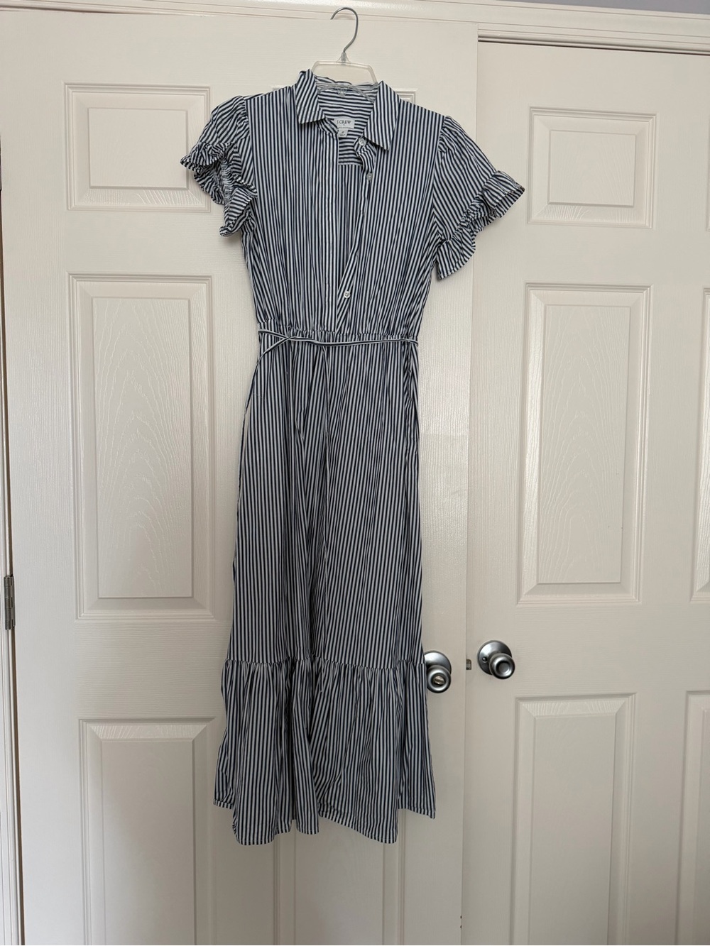 J. Crew Factory Navy and White Striped Midi Shirt Dress